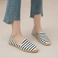 Sepatu Espadrilles Wanita Musim Panas Warna Putih Hitam Bergaris, Desain Tertutup, Motif Garis Nautikal, Model Slip On, Anyaman Jute, Loafer Datar