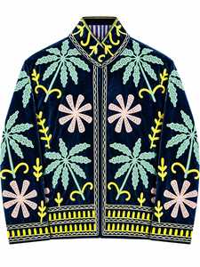 <b>Women's</b> <b>Navy</b> Blue Velvet Embroidered Bomber Jacket Solid Long Sleeve Stand Collar Artisan Fashion Cotton Lining B2B Export - Product Image 3