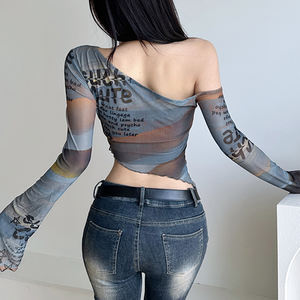 Haut en maille à imprimé lettres, à une épaule, pour femmes, ourlet irrégulier, manches longues, crop top, streetwear sexy, coupe ajustée, haut transparent - Product Image 6