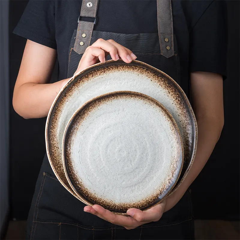 Японский дизайн, керамическая посуда для ресторана, персонализированная обеденная тарелка из глазурованной глины, круглые керамические тарелки