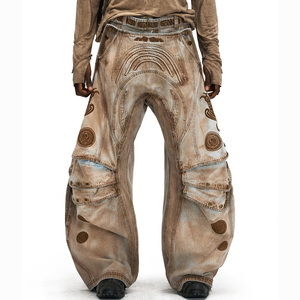 Jeans Denim Svasati <span class=keywords><strong>Avant</strong></span>-<span class=keywords><strong>Garde</strong></span> con Inserti, Effetto Usurato, Lavaggio Sporco, Frange, Multi Tasche, Gamba Larga, Stile Streetwear, Personalizzabili dal Produttore - Product Image 4
