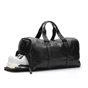 Black portable waterproof gym bag male pu leather dry wet separation sports training travel duffel bag