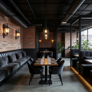 Ensemble de table et de chaises en cuir et en bois pour <span class=keywords><strong>restaurant</strong></span>, style steakhouse, industriel, commercial, restauration rapide, avec banquette et sièges en booth - Product Image 5