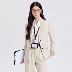 Women's Long Sleeve Suit Set Solid Color Polyester Anti-Wrinkle Slim Fit Formal Workwear for Office and Interviews - Product Image 1