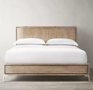 Wholesale platform solid wood panel frame metal leg king queen size bed bedroom home furniture with backboard