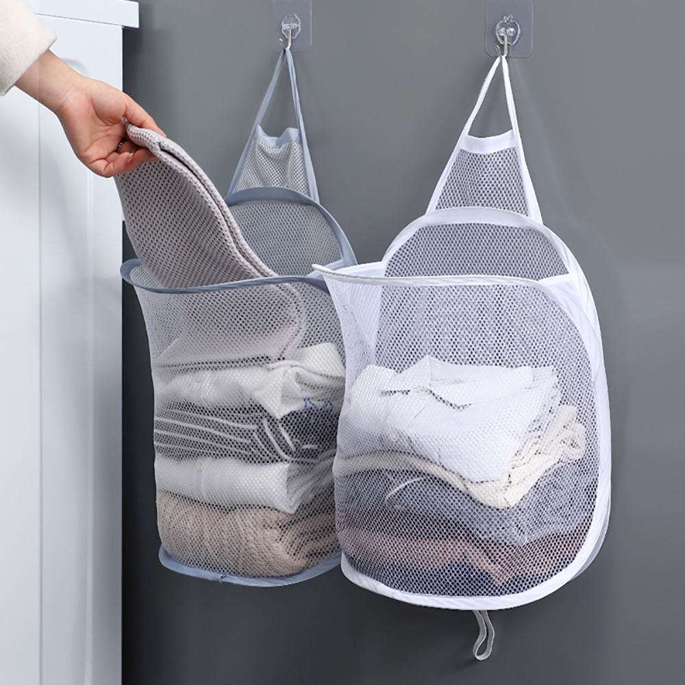 Net Pop Up Hamper, Wall Hanging Mesh Laundry Hamper, Over The Door Large Storage Bag with Big Metal Rim Opening