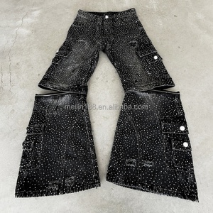 Custom Jeans Manufacturer High Quality Rhinestone <b>Denim</b> Pants Vintage Washed Baggy Jeans Men - Product Image 2