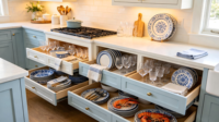 Meubles de cuisine sur mesure bicolores style Shaker blanc et bleu clair avec îlot en marbre pour projet de maison de plage - Vente en gros