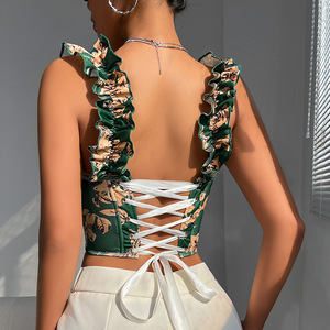 Dulce cuello en V moda de verano streetwear sin mangas sexy camiseta sin mangas con cordones corsé bustier - Product Image 2