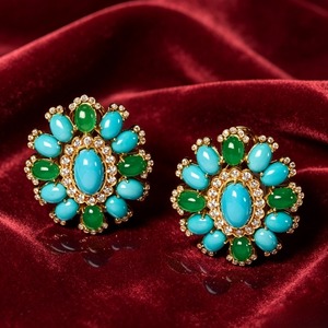 Orecchini a clip vintage con pietre turchesi floreali, gioielli per le orecchie con pietre intarsiate colorate per occasioni di cerimonia - Product Image 2