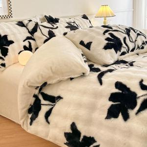 Cao gram trọng lượng sữa nhung trắng đen in chăn Ga Trải Giường 4 Mảnh đặt nhà dệt bốn mảnh đặt bộ đồ giường - Product Image 3