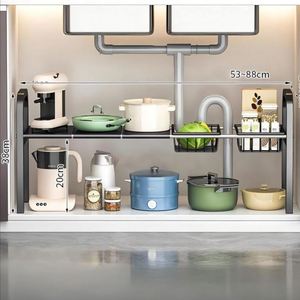 Organisateur d'évier de cuisine en acier au carbone, étagère sous évier réglable en hauteur avec plaque de base et panier pour accessoires de cuisine - Product Image 3