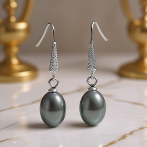 Orecchini Pendenti con Perle di Tahiti in Argento 925 Placcato Rodio, Perle Coltivate Ovali Grigie AAA, Gioielli Classici da Sposa per Donna - Product Image 2