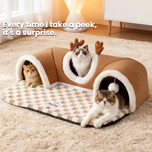 מיטת חתולים בצורת מנהרה עם דוגמא מצוירת, ניתנת לכביסה, חמימה בחורף, מחבוא לחתולים, בית חתולים סגלגל סגור, מזרן לחתולים לכל עונות השנה - Product Image 1