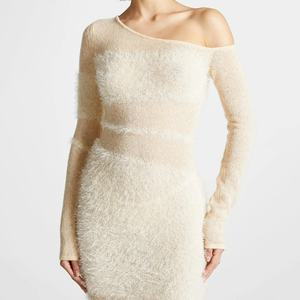 Vestido Elegante de Moda para Mujer, Color Sólido, Manga Larga, Suéter Esponjoso, Vestido Ajustado hasta la Rodilla - Product Image 5