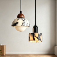Mini Suspension Tambour en Marbre Naturel avec Capuchon Noir Mat et Cordon Réglable pour Salle à Manger, Îlot de Cuisine, Lampe de Plafond Suspendue