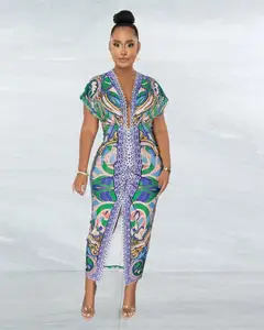 드레스 인쇄 슬릿 딥 V 넥 맥시 긴 민족 캐주얼 짧은 소매 여름 아프리카 드레스 여성 의류