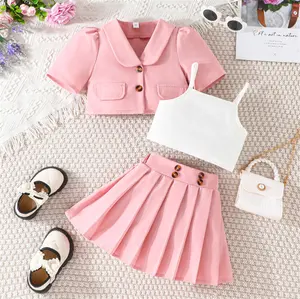 latest fashion kids three pieces clothing suit solid single breasted blazer cami top and skirt girls clothing sets 2024