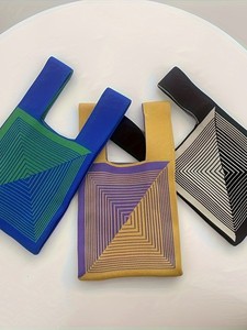 Bolso de punto con bloques de color y diseño geométrico triangular para mujer, bolso de mano tejido, bolso tote informal de un solo hombro - Product Image 1