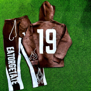 AUA Tracksuit Set Hooded Sweatshirt Full Length <b>Pants</b> Brown White Number 19 Streetwear Unisex Adult Autumn Breathable Polyester - Product Image 1