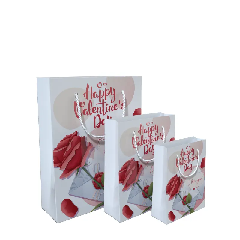 Vendita calda san valentino Bouquet Packaging stampa digitale sacchetto regalo rosso Glitter cuore fiorista quadrato san valentino sacchetto di carta