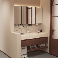 Rak Dinding Kamar Mandi Modern Custom dengan Laci Walnut, Permukaan Solid Terintegrasi, Cermin, dan Tempat Pengisian Daya Robot Vacuum