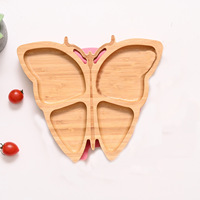 Assiette Diviseuse en Bois Naturel de Bambou pour Tout-Petits, Motif Papillon, Sans BPA, Réutilisable, Assiette à Ventouse Sûre pour l'Alimentation des Bébés