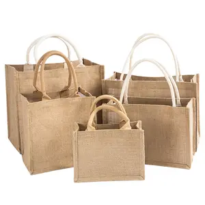 2024 eko lamine jüt kanvas çanta çuval bezi kullanımlık keten plaj çantası hessian tuval alışveriş taşıma çantası özel logo ile