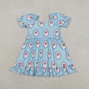 GSD3792 rts Vestido de verano para niña con estampado de bandera del 4 de julio y rayas azules hasta la rodilla, vestido de manga corta a rayas, venta al por mayor - Product Image 1