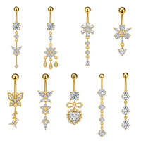 Ensemble 10 14G acier inoxydable corps Piercing nombril anneaux acier chirurgical fileté à l'extérieur fleur cristal nombril balancent goujons