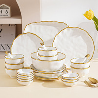 Juego de Vajilla de Cerámica de Alta Gama para el Hogar, Tazón y Plato con Borde Dorado, Clásico, Reutilizable, Color Personalizado, Lujo, Estilo Influencer