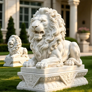 Statues de lions couchés en marbre naturel de qualité supérieure, sculpture de lion en pierre blanche sculptée à la main pour l'entrée d'hôtels et de villas - Product Image 3