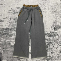 Pantalon de survêtement MP1329 personnalisé à double ceinture, motif écossais, en molleton délavé à l'acide, effet soleil, avec bordure inférieure délavée