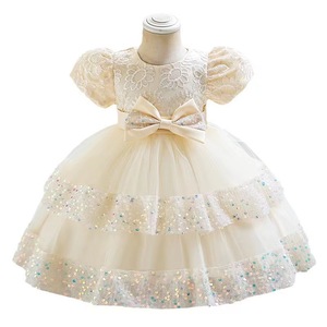 Robe de bal en tulle haut de gamme personnalisable, col rond, manches lanternes, nœuds superposés, robe de <span class=keywords><strong>princesse</strong></span> à paillettes - Product Image 4