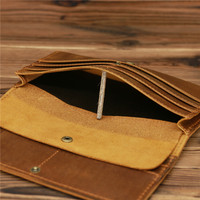 Dompet Kartu Kulit Lipat Tiga Vintage dengan Kantong Ponsel Anti-RFID, Penutup Kancing, Panjang 20x10cm untuk Pria