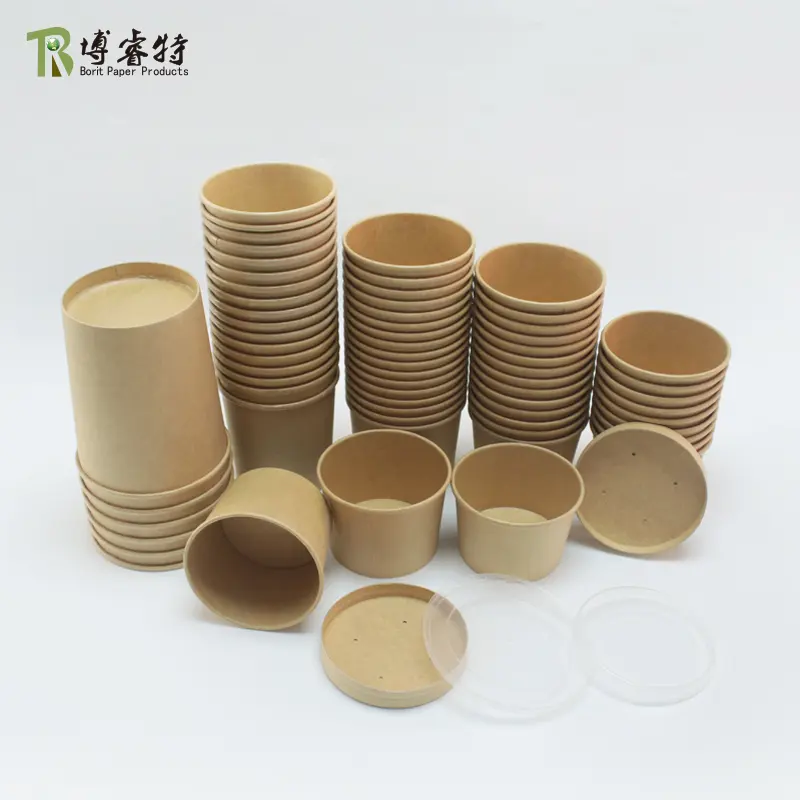 Compostable Biodegradable Disposable Takeout Takeaway Hot Food Round Kraft Paper Food Containers With Pla Coating