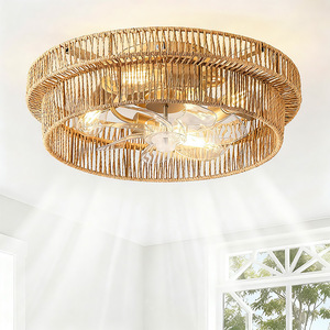 Rustic Woven <b>Ceiling</b> Fan <b>Light</b> With 3 Blades Ac Motor <b>Remote</b> <b>Control</b> Flush Mount Led Lighting For Living Room Bedroom - Product Image 1