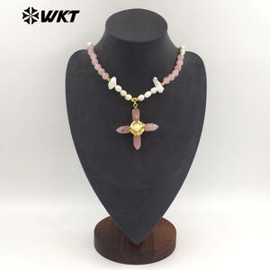 Collar WT-JN375 de Alta Calidad para Mujer, Hermoso, Chapado en Oro, con Cuentas de Amatista Natural y Perlas, con Colgante de Cruz de Piedra - Product Image 5