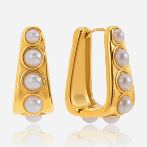 Huggie Earrings Gold Tone Pearl Inlay Geometric Shape Stainless Steel Everyday Wear Jewelry for Women - Product Image 1