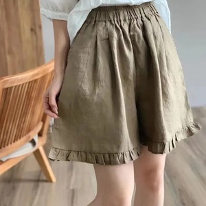 Cotton Linen Shorts Women Green <b>Elastic</b> Waist Wide Leg Ruffled Edge Casual Summer Pants QY518 - Product Image 3