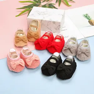 Newborn Baby Teddy Lamb Wool Winter Floor Socks Non-slip Crib Booties Toddler Boots Bowknot Warming Shoes