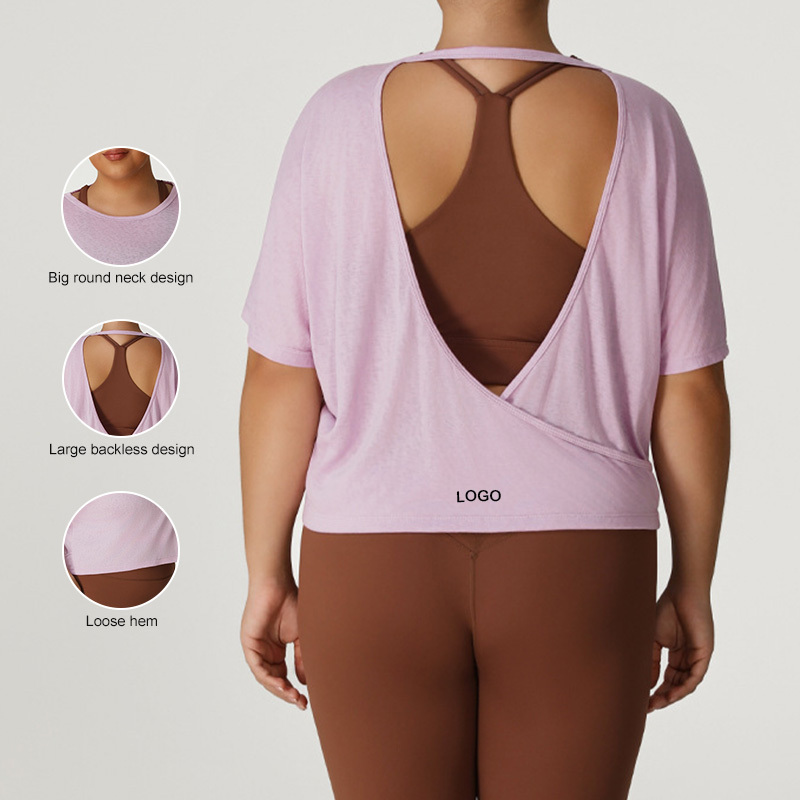 P02513 Plus Size Xl-4xl Hollow Back Crew Neck Hot Selling Oversized Sports Smock Women's Summer Short Sleeve Loose Top Yoga Wear