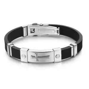 Cheaper yiwu wholesale stainless steel man sliding black rubber cross bracelet