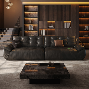 Canapé italien raffiné du milieu du siècle 2026, cuir pleine fleur, rembourrage nuage, silhouette droite noire, biologique, siège de salon - Product Image 1