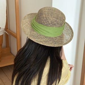 Sombrero de paja de hierba salada <span class=keywords><strong>con</strong></span> serigrafía y cinta, estilo Old Money francés, hueco y plano, para mujer, ideal para viajes, vacaciones y playa en verano. - Product Image 2