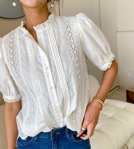 Camicetta da <span class=keywords><strong>Donna</strong></span> 2021 in Cotone con Colletto in Pizzo, Maniche Corte a Sbuffo, Stile Vintage Casual, Nuovo Modello di Top alla Moda - Product Image 2