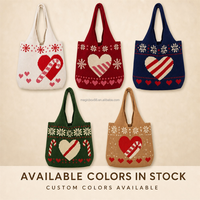 Sac fourre-tout en tricot rayé bleu marine avec cœur, motif flocon de neige de Noël, idéal pour les fêtes, personnalisable avec logo couleur, faible MOQ, OEM, ODM, marque privée