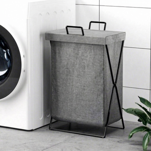 Minimalist Gray Laundry Basket With Lid Nonwoven Felt Foldable Design Household Use - Product Image 1