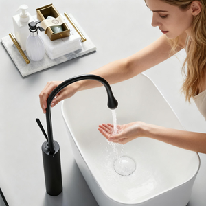 חדר אמבטיה שחור מודרני יהירות מעל אגן דלפק כביסה קל לניקוי כיור המלון - Product Image 5