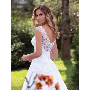 Lace Wedding Dress V-neck A-line Train White Bridal Gown Simple Elegant Style - Product Image 2